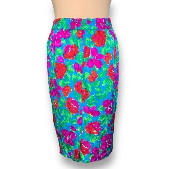 Vintage Adrianna Papell Skirt Multicolored Blue Flower Detail Silk Secretary - Picture 4 of 8